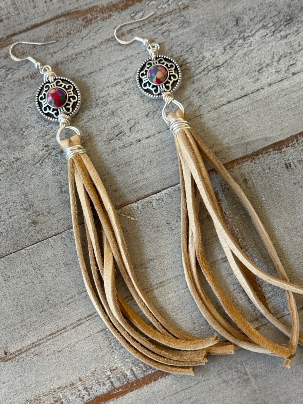 Boho Tassel Leather Dangle Earrings with Multicolor Stone